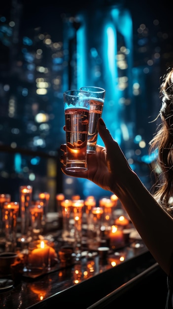 couple in love having drinks in a bar in the city with buildings and lights in the background in love