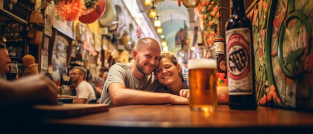 влюбленная пара веселится в пивном баре на туристической экскурсии