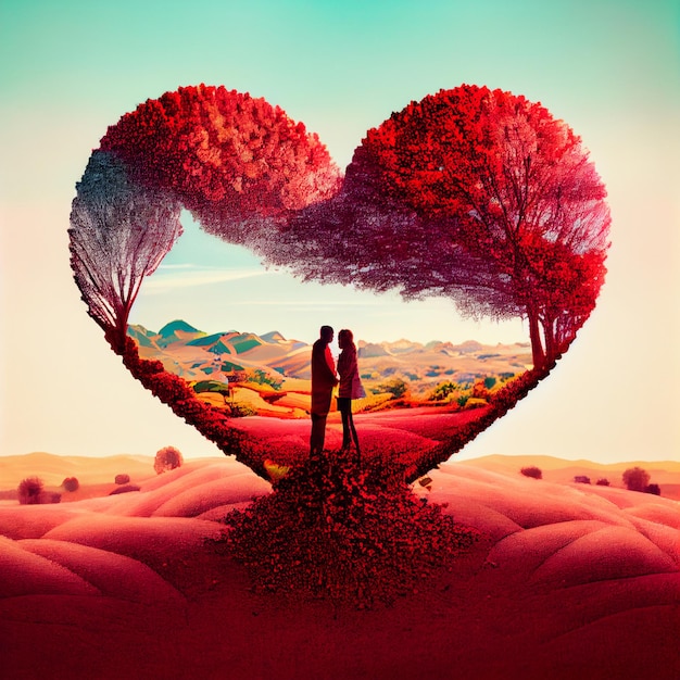 Couple in love in a heart landscape valentine's day card 3d render illustration