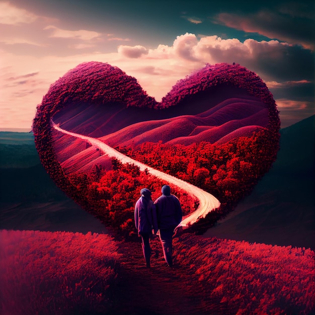 Photo couple in love in a heart landscape valentine's day card 3d render illustration