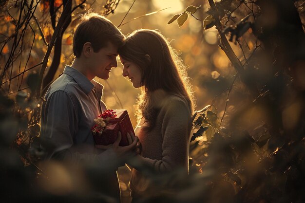 Couple in love holding a red gift