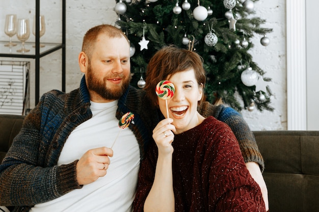 couple in love at home on Christmas time