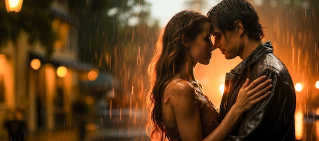 Couple in love hugging in the rain Stylish book cover of romantic novel