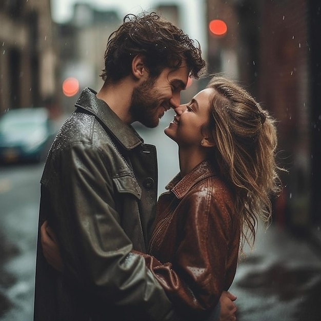 A couple in love hugging in the rain