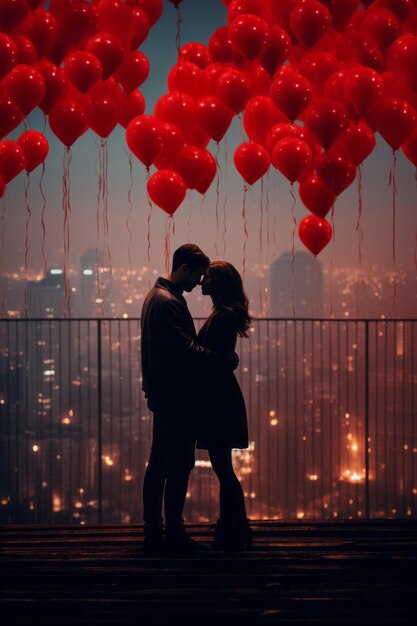 Foto una coppia innamorata si bacia per strada sullo sfondo di palle a forma di cuori valentine's day concept generative ai