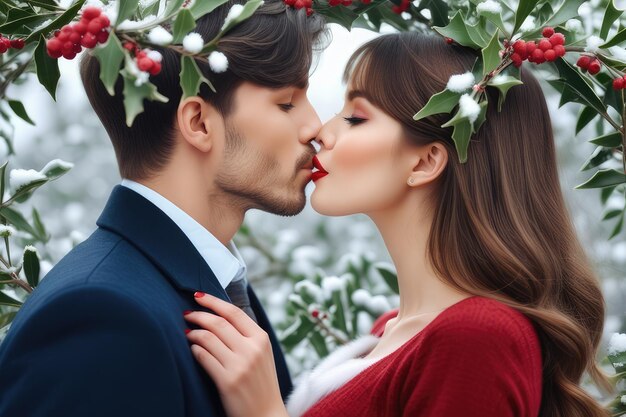 Photo a couple in love kissing under a mistletoe branch