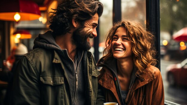 Photo couple in love looking at each other both holding coffee to go romantic and cozy