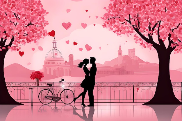 Couple in love looking at the sunrise on background of floating hearts