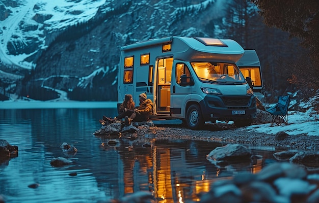 A couple in love at night in a campervan camper in the middle of nature on a trip