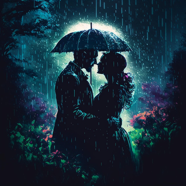 A couple in love at night in the park in the rain