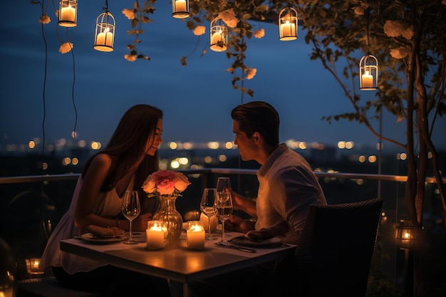 Couple in love at a restaurant with lights on the background