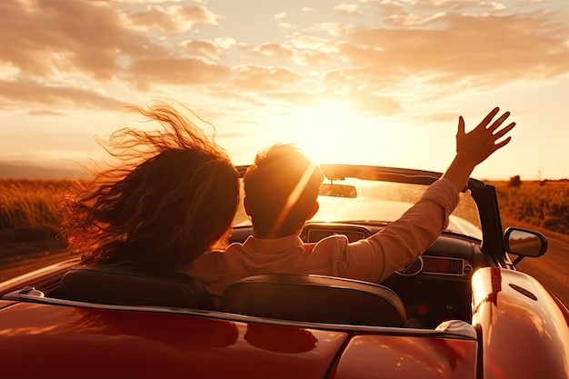 Photo couple in love ride in cabriolet car honeymoon travel by car happy weekend generative ai illustration