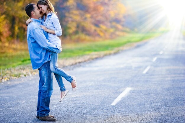 Couple in love on road are walking