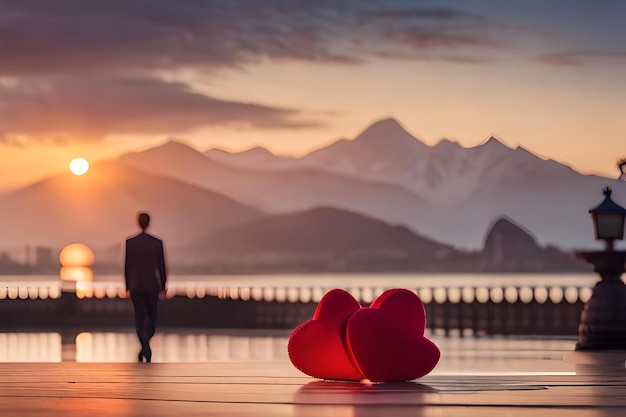 Couple in love on the roof of a building with mountains in the background