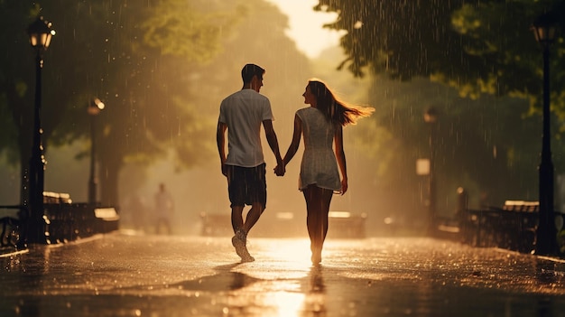 couple in love running in the rain AI Generative AI