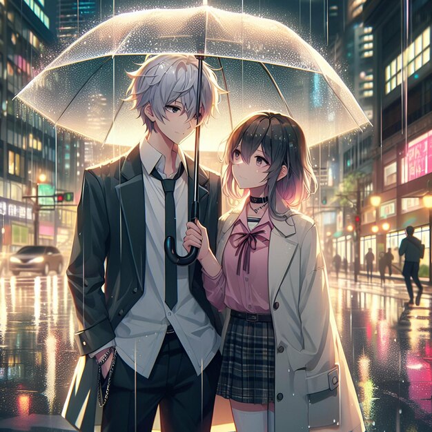 a couple in love sharing the umbrella on a rainy day