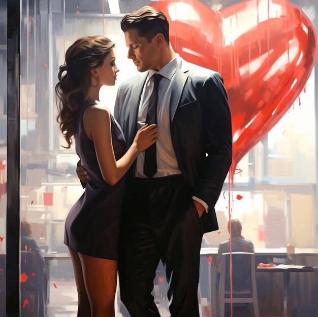 A couple in love stands hugging on Valentines Day against the backdrop of a big heart Ai concept