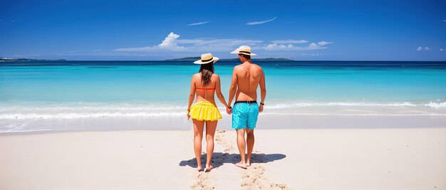 Photo a couple in love stands on the shore of a tropical island a white sandy beach generative ai