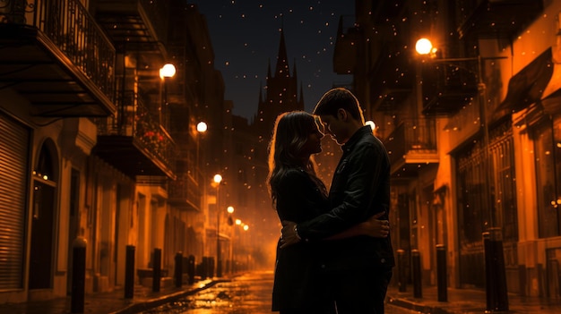 a couple in love on the streets of a European city at night