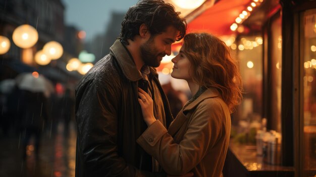 Photo a couple in love on the streets of a european city at night