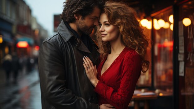 Photo a couple in love on the streets of a european city at night