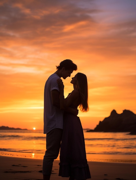 Couple in love at sunset near the sea