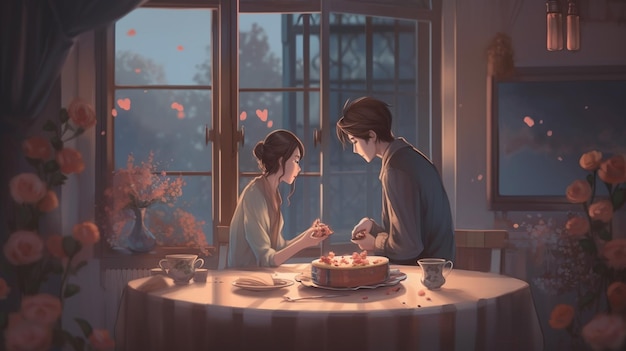Влюбленная пара за столом с тортом и красными цветами в форме сердца.