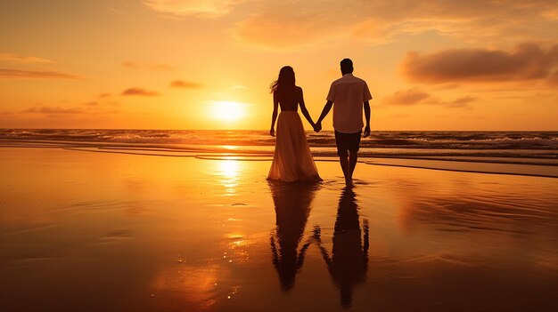 A couple in love taking a Romantic Walk at Sunset on the Beach Generative AI