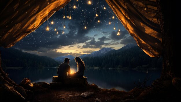 Couple in love in a tent by the lake