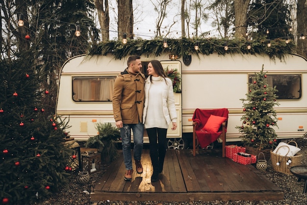 Photo couple in love in a trailer