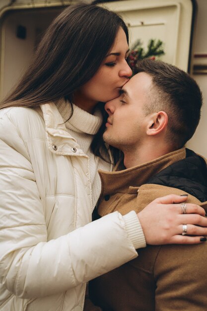 Photo couple in love in a trailer