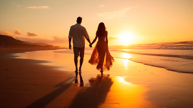 couple in love walking on the beach at sunset