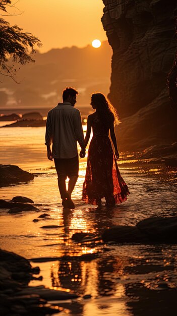 a couple in love walking in the water at sunset