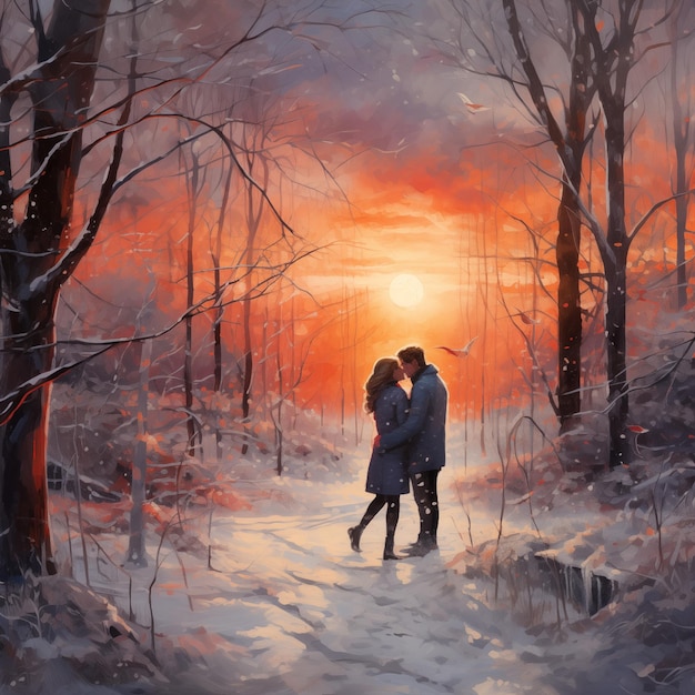 Couple in love walking in winter forest at sunset