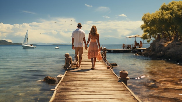 Couple in love walking on a wooden pier in the seagenerative ai