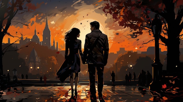 A couple in love walks down a city street