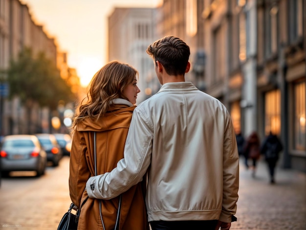 A couple in love walks through the city