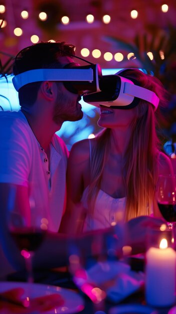 Photo couple in love wearing virtual reality glasses on a date in a restaurant