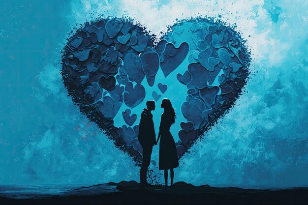 Couple in love with blue background romantic art of heart