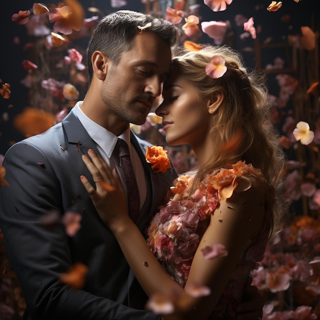 Couple in love with falling flowers and a man in a suit