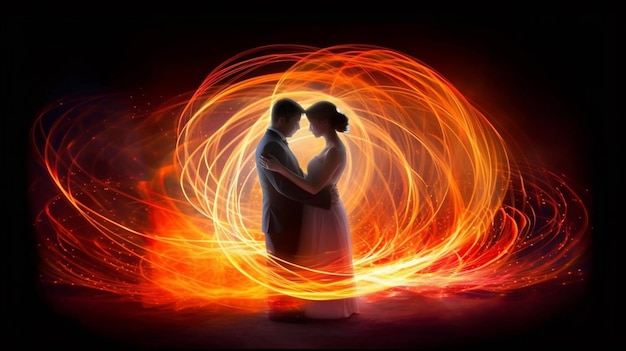 A couple in love with a fireball background