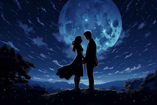 A couple in love with the moon behind them