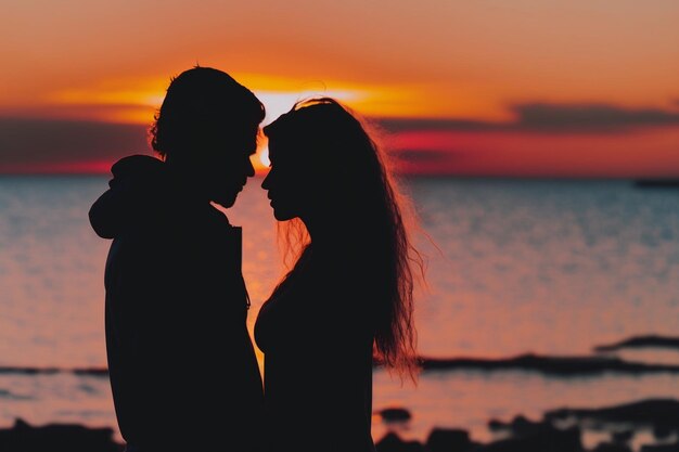 A couple in love with the sunset in the background