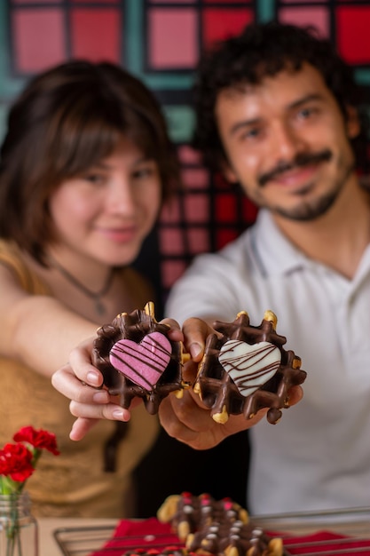 Photo couple in love with valentine themed cookies in different angles