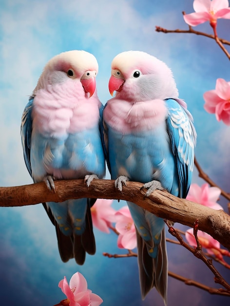 Couple of lovebirds sitting on a branch with pink flowers