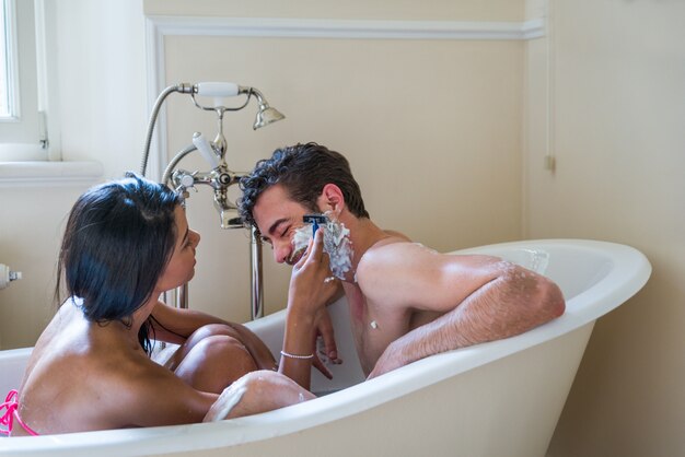 Couple of lovers in the bathroom