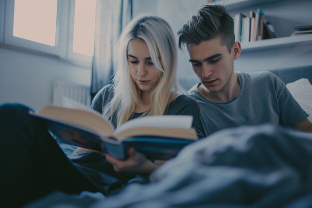 A couple of lovers in bed reading a book together Concept love and feelings