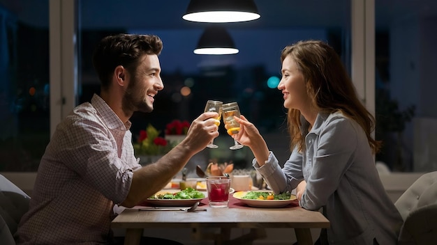 恋人のカップルが自宅でロマンチックなディナーをしている