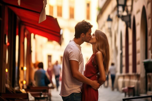 街の通りでキスする恋人たちのカップル