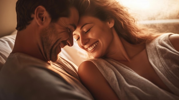 couple lying in bed approaching each other